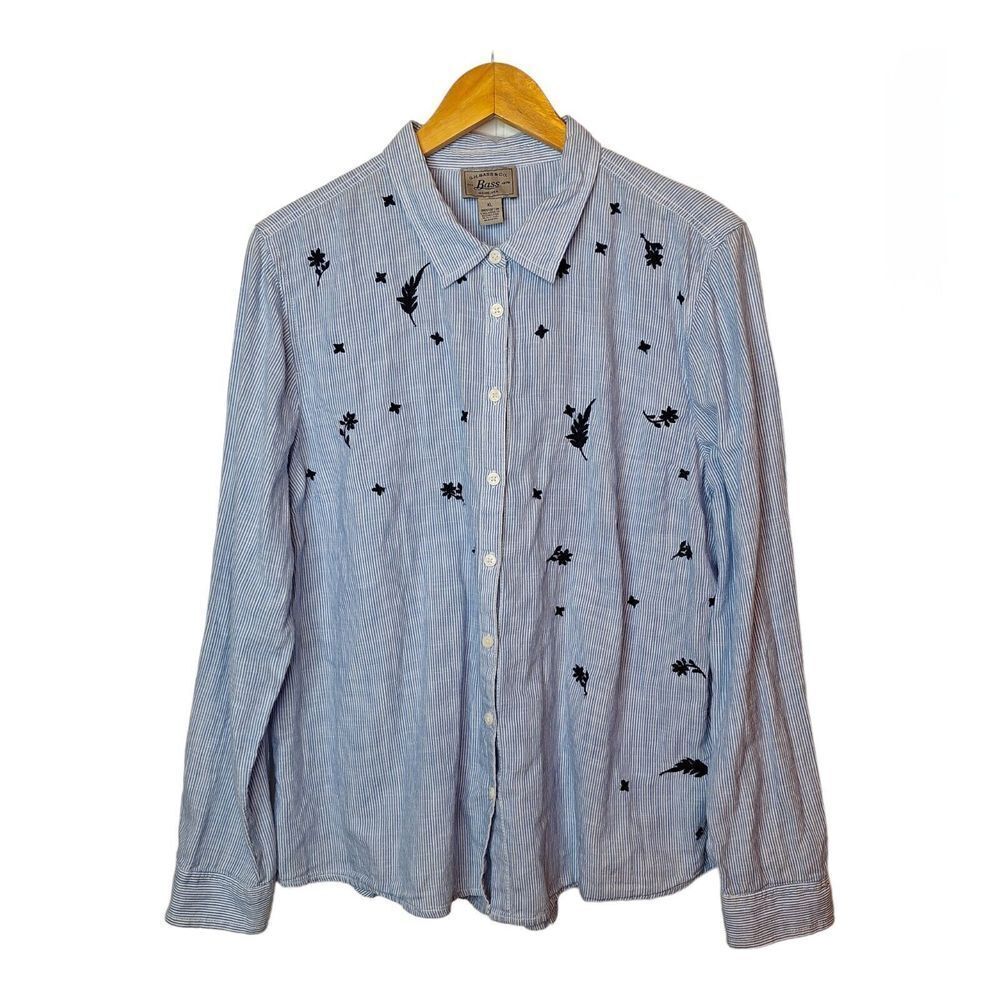 GH Bass & Co Womens Size XL Button Up Shirt Blue Striped Embroidered Flowers